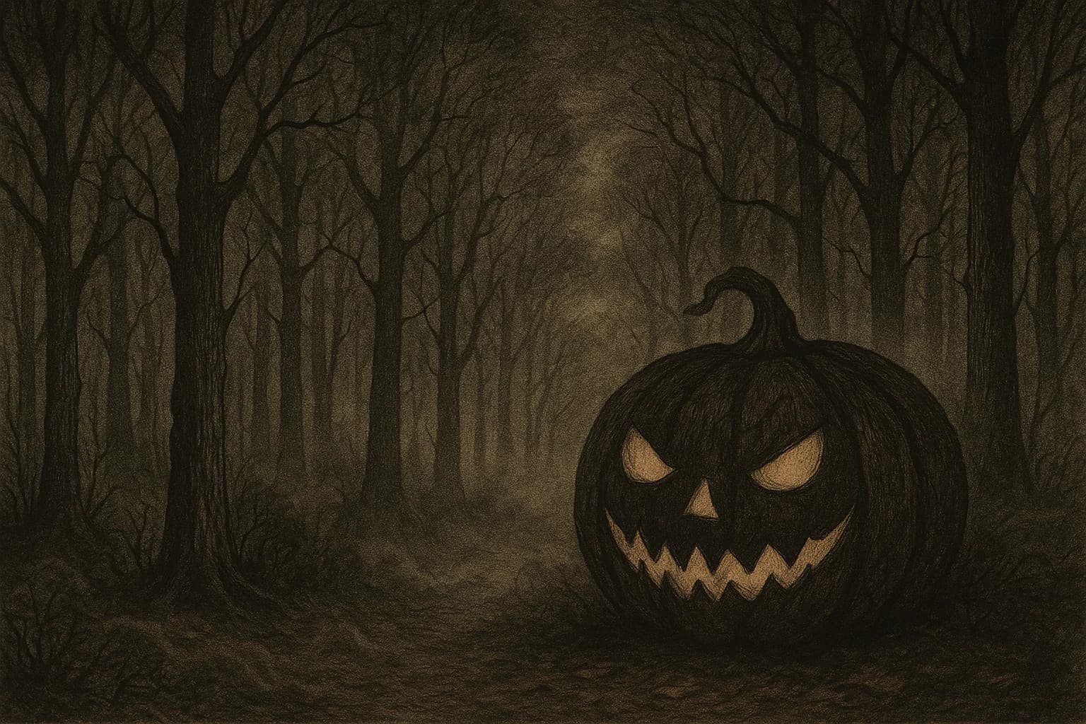 A spooky, misty forest at night with a faint glow and a large, ominous pumpkin.